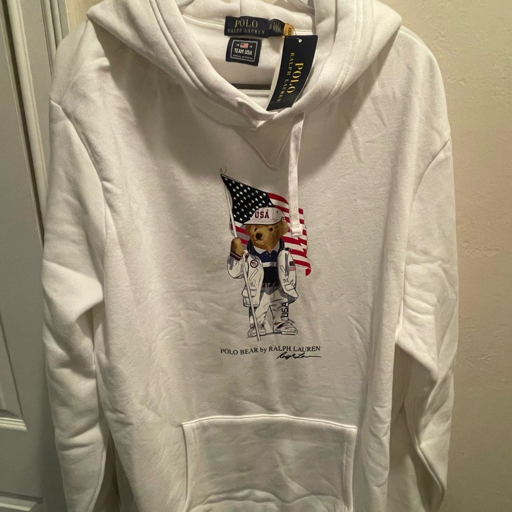Ralph Lauren White Hoodie with Bear and Flag Graphic